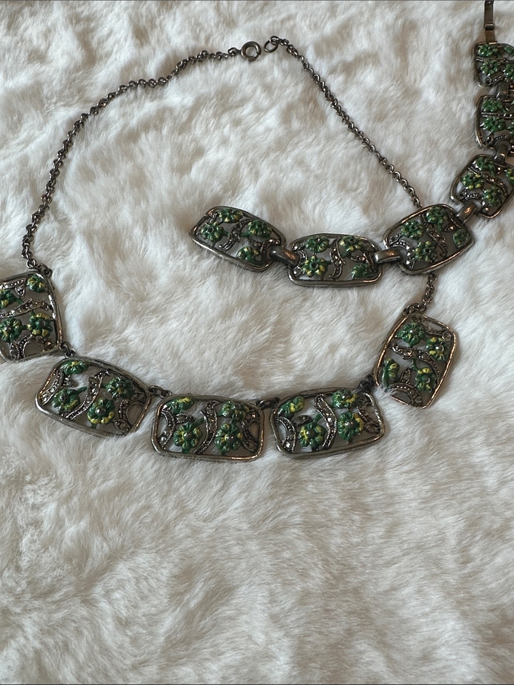 Green Floral Tile Necklace and Bracelet Set - Women Jewelry